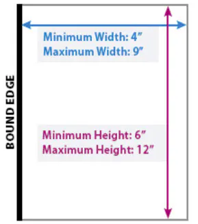 An infographic of a perfect bound booklet with the minimum and maximum dimentions.