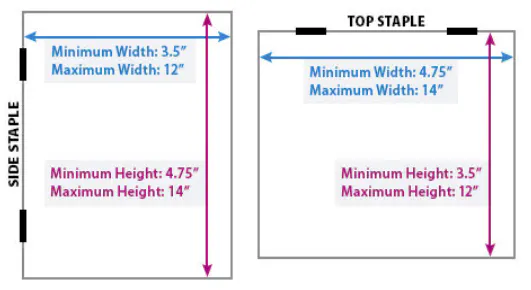 An infographic of a saddle stitch booklet with minimum and maximum dimensions.