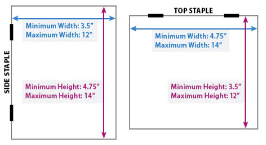 An infographic of the maximum width and height for printing a saddle stitch calendar.