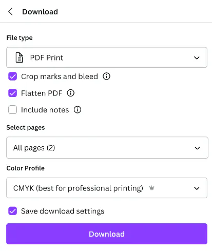 A Canva design panel showing file type, crop marks, bleed and color profile settings.
