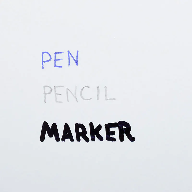 A pen, pencil and marker written on coated semigloss paper stock.