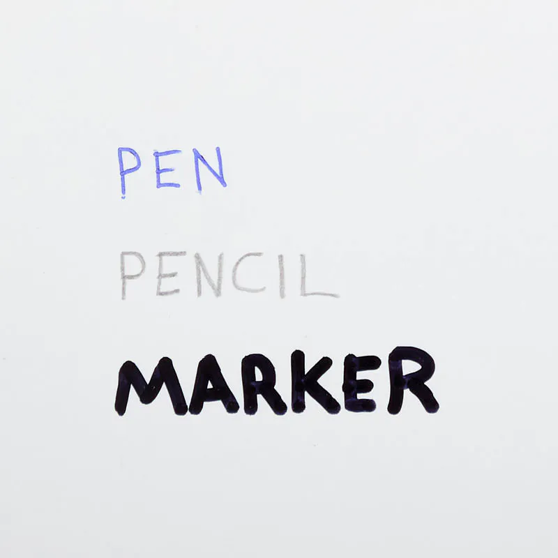 A pen, pencil and marker written on paper stock with a flat matte UV coating.
