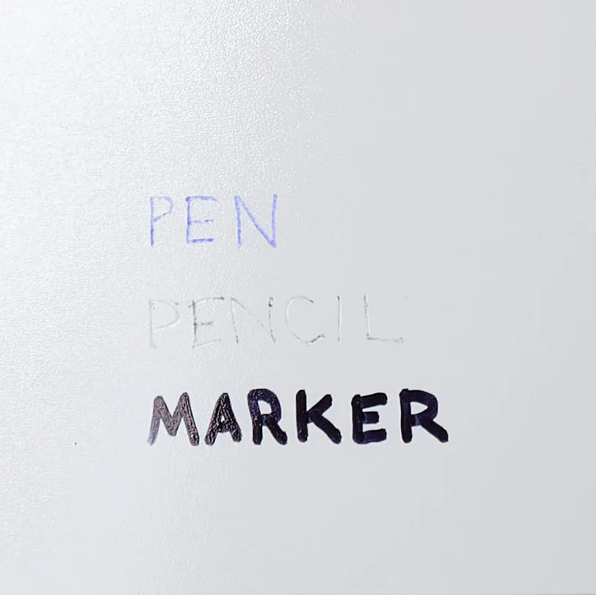 A pen, pencil and marker written on paper stock with an ultra gloss UV coating.