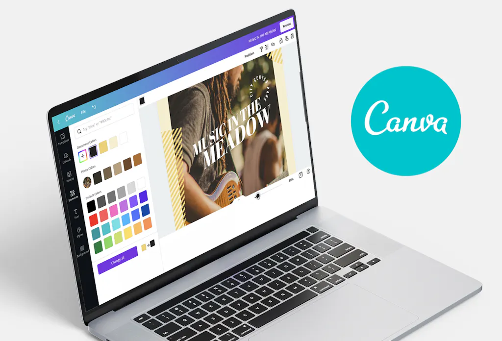 A laptop showing the Canva graphic design platform with a teal Canva logo next to it.
