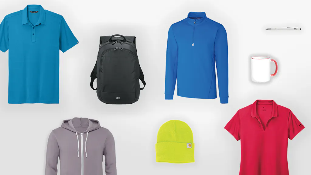 A collection of apparel, bag and drinkware promotional products in various colors.