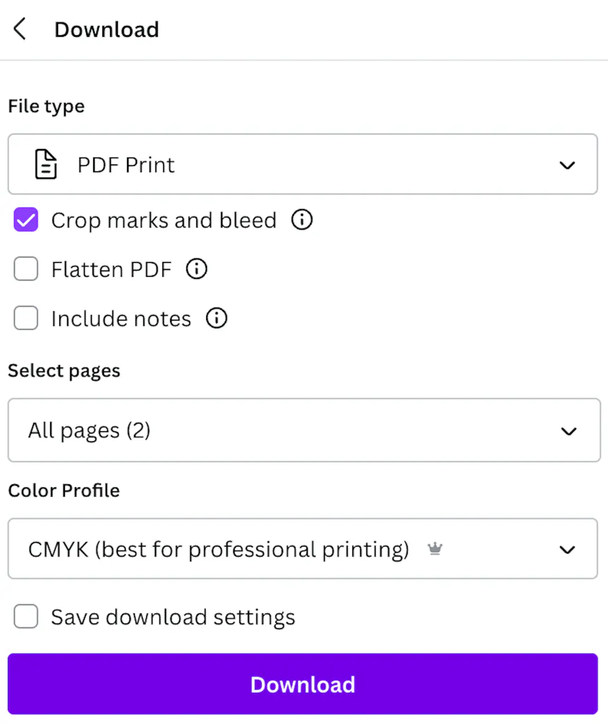 A Canva design panel showing file type, crop marks, bleed and color profile settings.