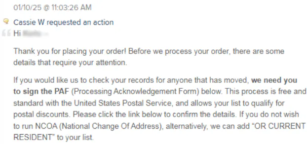 A screenshot of a message in the Activity Log of a Smartpress customer.