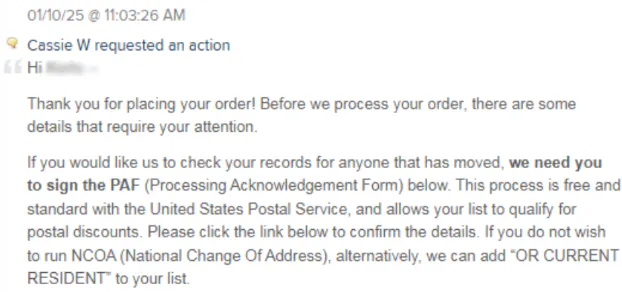 A screenshot of a message in the Activity Log of a Smartpress customer.