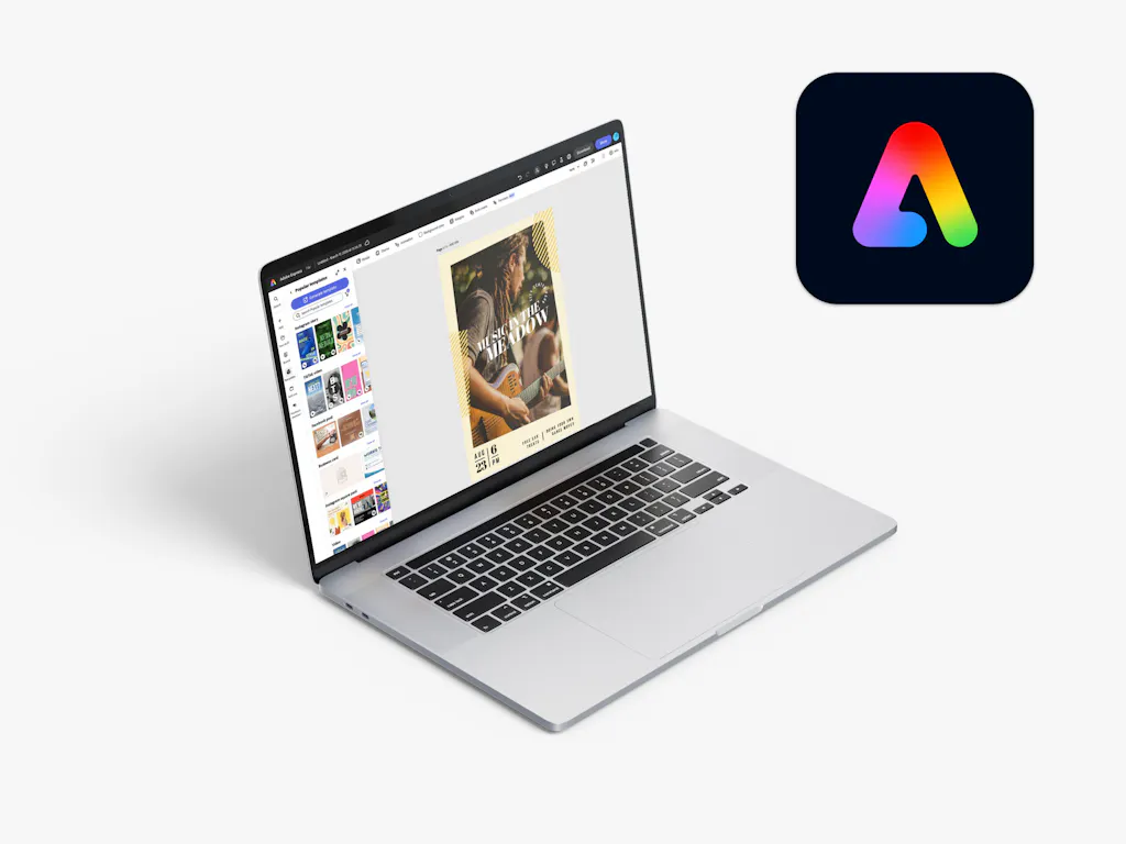 A laptop showing the Adobe Express graphic design platform with an Adobe Express logo next to it.