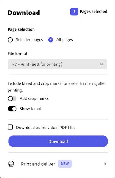 A settings panel in Adobe Express with page, crop marks and bleed options.