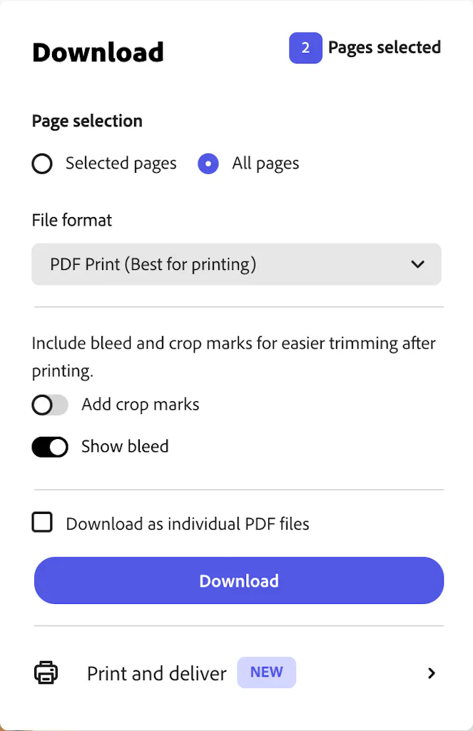 A settings panel in Adobe Express with page, crop marks and bleed options.