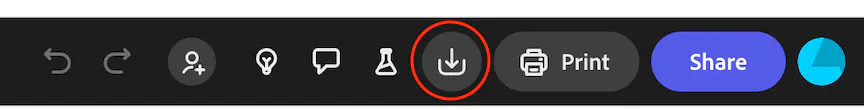 The top right navigation in Adobe Express with the download button circled in red.
