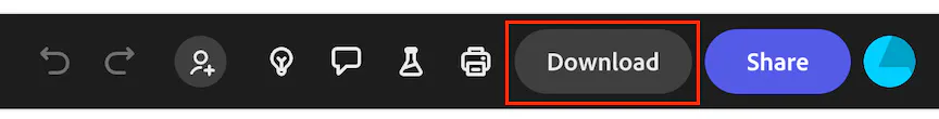 The top right navigation in the Adobe Express platform with the download button circled in red.