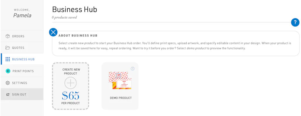 The Business Hub section of a Smartpress customer's account.
