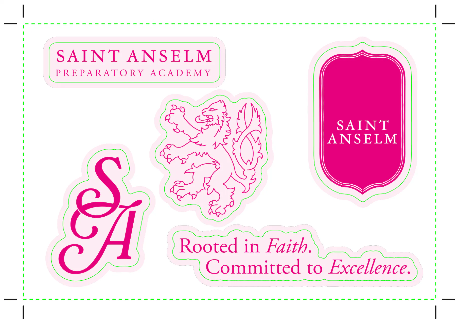 A sticker postcard with Saint Anselm branded designs and a gloss flood.