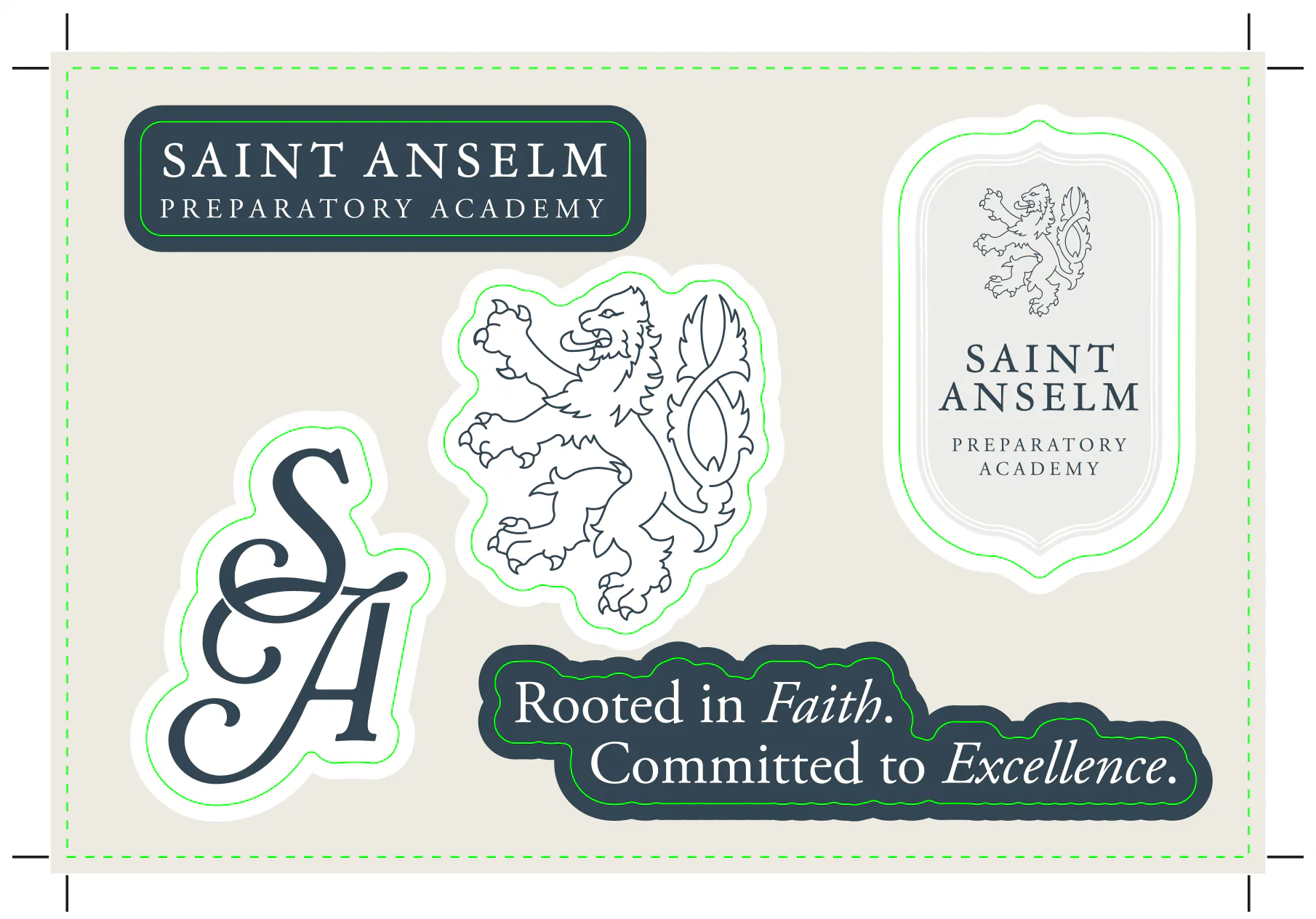 A sticker postcard with custom sticker shapes and Saint Anselm branding.
