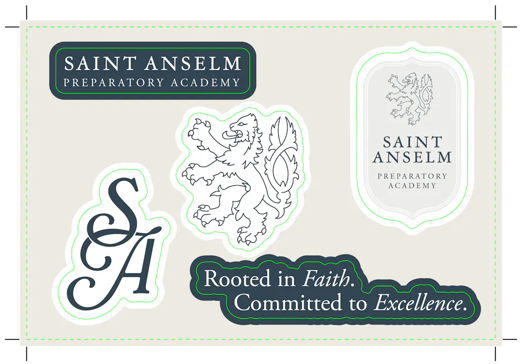 A sticker postcard with custom sticker shapes and Saint Anselm branding.