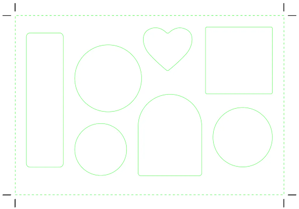 A sticker postcard layout with seven different sticker shapes.